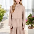 thumbnail image 6 of Women's High Neck Tiered Swing Dress with Long Sleeves- Large, Tan, 6 of 7