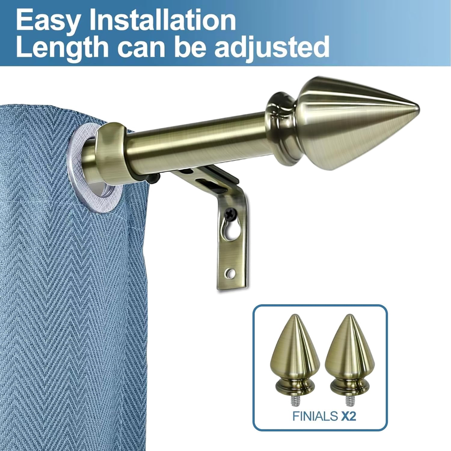 Urbanest Adjustable Single Curtain Rod Set Lance Finials – 5/8-Inch Diameter, With Antique Brass Rod, 48–84 Inches