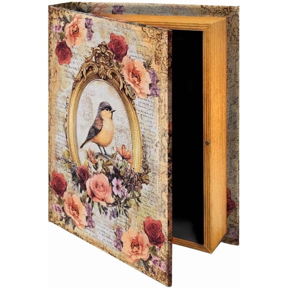 1pc Vintage Book Decorative Storage Boxes Hidden Safe Box Floral Bird Fake Book Box Decorative Books Boxes Wooden Hollow Trinket Photo Remote Coffee Table Books Boxs for Shelf Home Decor Beige