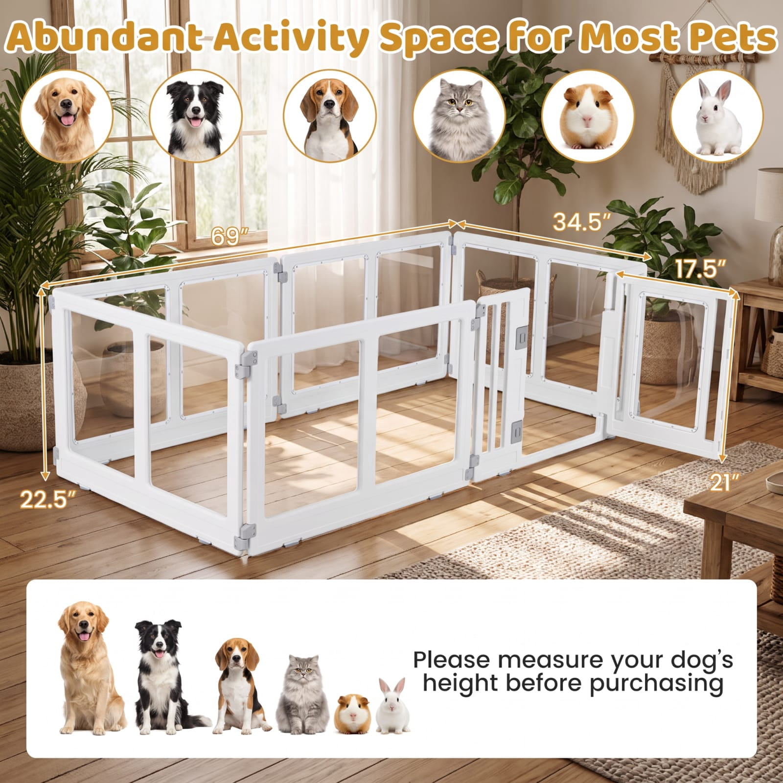 Vebreda 6-Panel Clear Plastic Dog Playpen with Secure Locking Door, See-Through Foldable Pet Pen for Puppies & Small Dogs, Indoor Portable Exercise Fence, Easy-Clean Tool-Free Setup