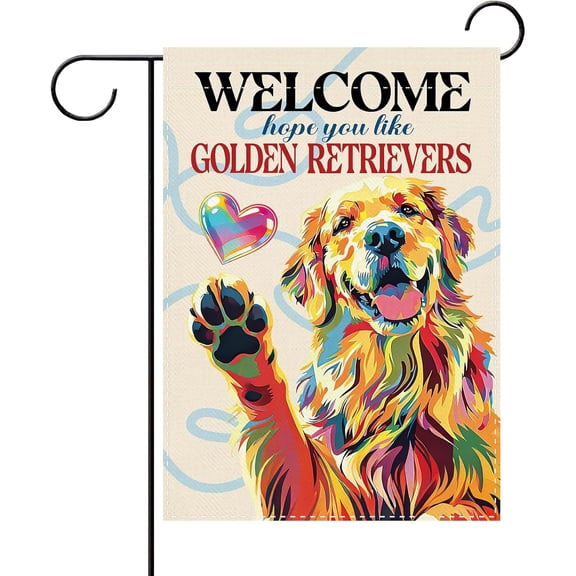 Golden Retriever Dog Decorative Garden Flag Double Sided Burlap Heart Design 12 x 18 Inch Colorful Outdoor Yard Home Decor
