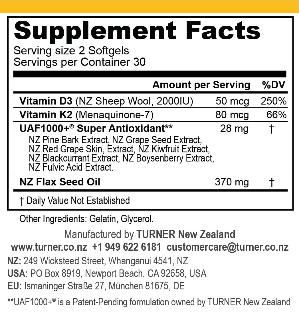 TURNER Vitamin D3 and K2 2000IU, Pure Sheep Wool Antioxidant 120 Capsules, 2 Bottles