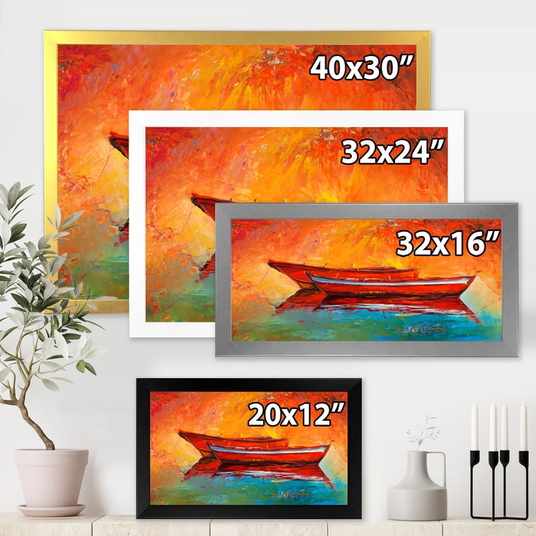 Two Red Boats During Sunset In Lake 40 in x 30 in Framed Painting