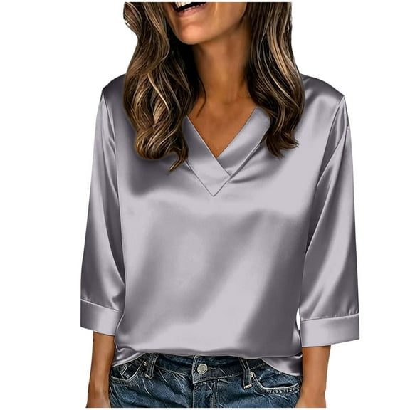 cocolona Womens Summer Satin Silk Tops Solid Color V Neck 3/4 Sleeve Shirts Fashion Casual Loose Lightweight Blouses