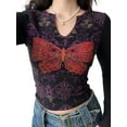 thumbnail image 4 of Women's Notched V Neck Tops Vintage Butterfly Print Long Sleeve Slim Fit T-Shirt Casual Blouse, 4 of 10