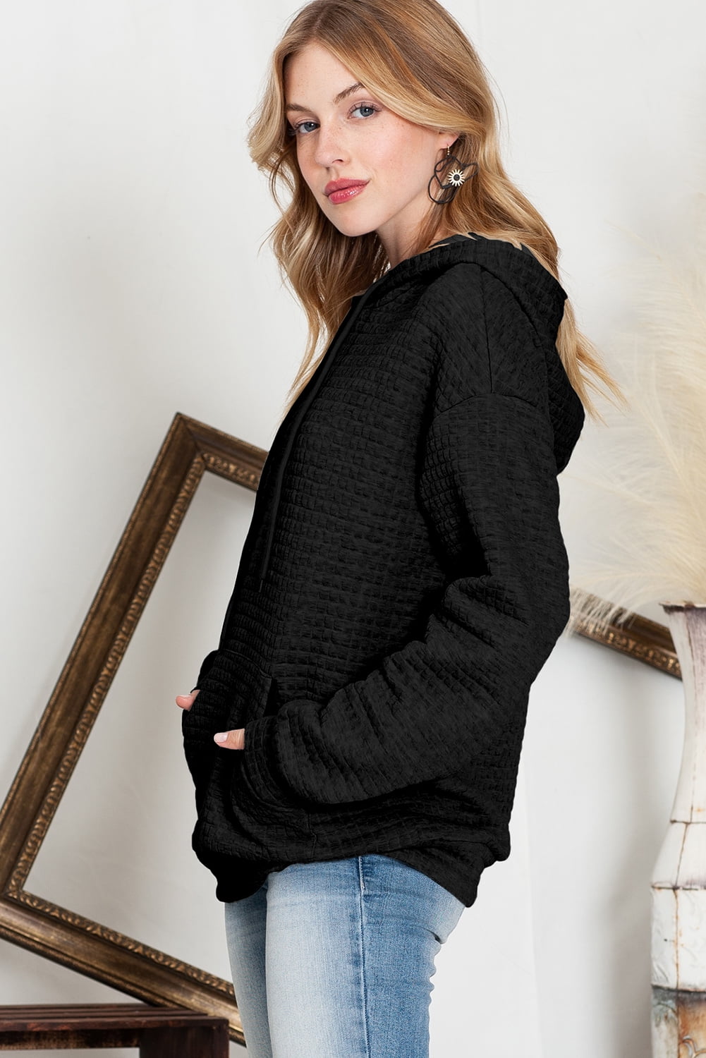 Eytino Womens Hoodies Oversized Hoodies Sweatshirts Waffle Knit V Neck Hoodie Pullover Casual Long Sleeve Hooded Tops with Pocket Black S