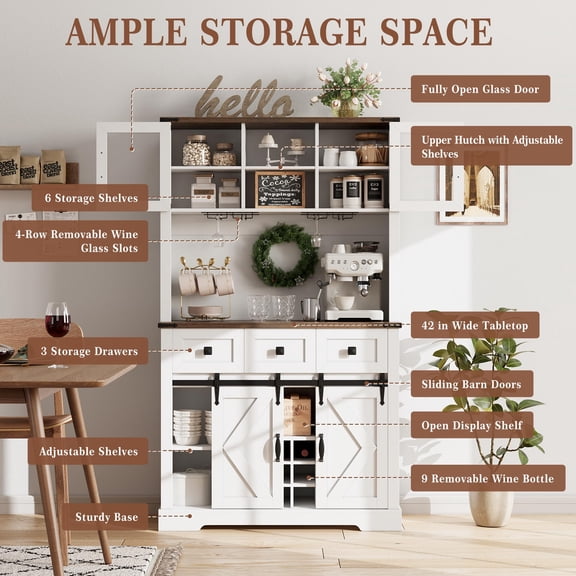 Kojooin 72" Farmhouse Bar Cabinet with Sliding Barn Door, Tall Kitchen Buffet with Storage Hutch and 3 Drawer