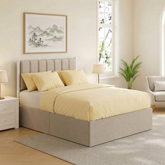 LEDREM Full Size Hydraulic Lift-Up Storage Bed Frame with Upholstered Headboard, 12.5-Inch Underbed Space & Easy Assembly, Cappuccino Beige
