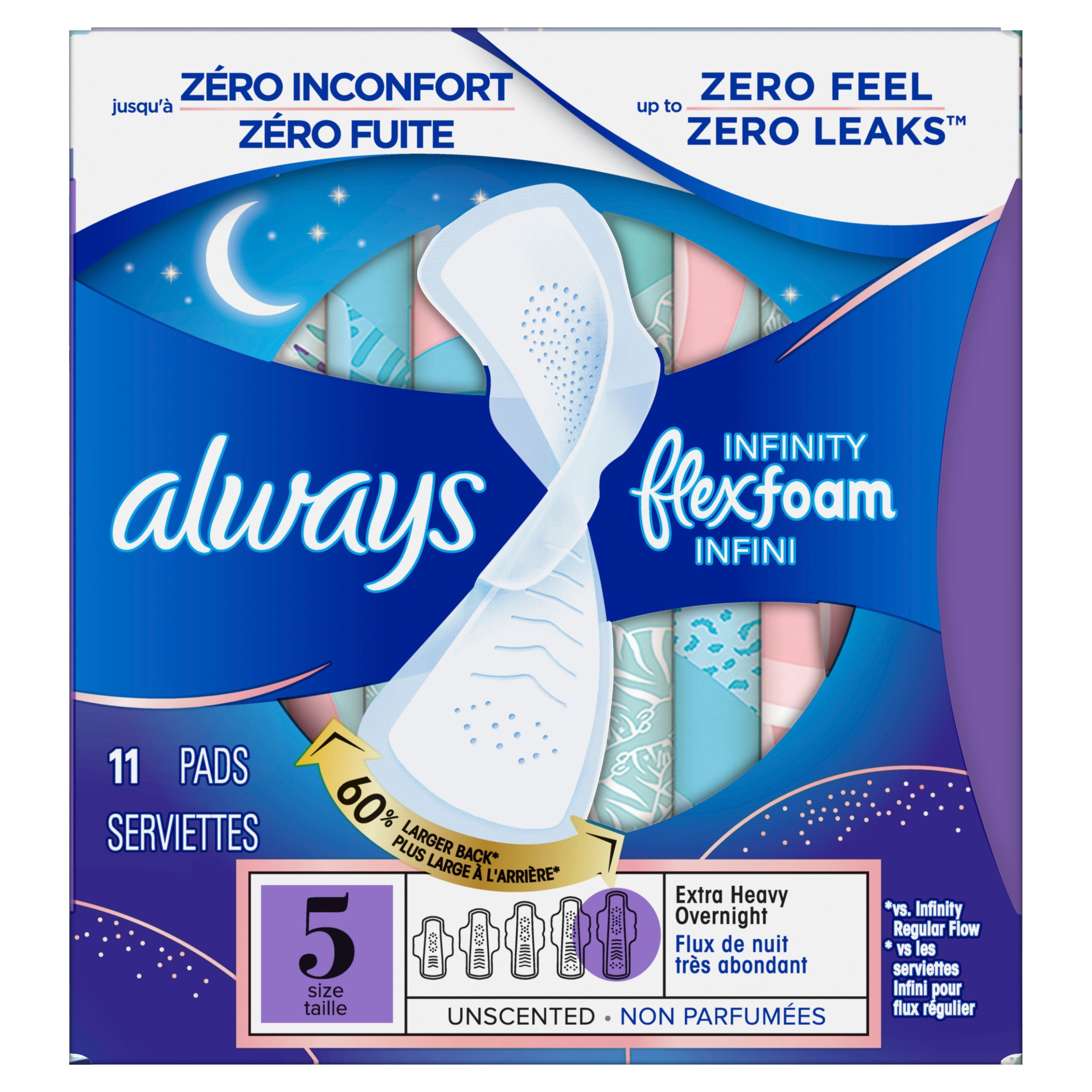 Always Infinity Feminine Pads for Women, Flexfoam Pads with Wings, Size 5, Extra Heavy Overnight Absorbency, Unscented, 11CT