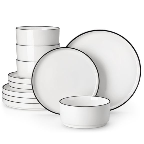 Vancasso 12 Pcs Dinnerware Sets, Plates and Bowls Set for 4, Ceramic Dinner Set, Scratch Resistant, White