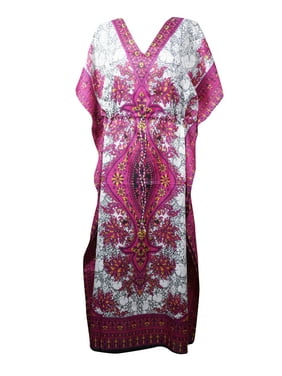 Mogul Women Pink White Printed Maxi Caftan Boho Chic Summer Comfy Cover Up Resort Wear Long Kaftan Dress One Size