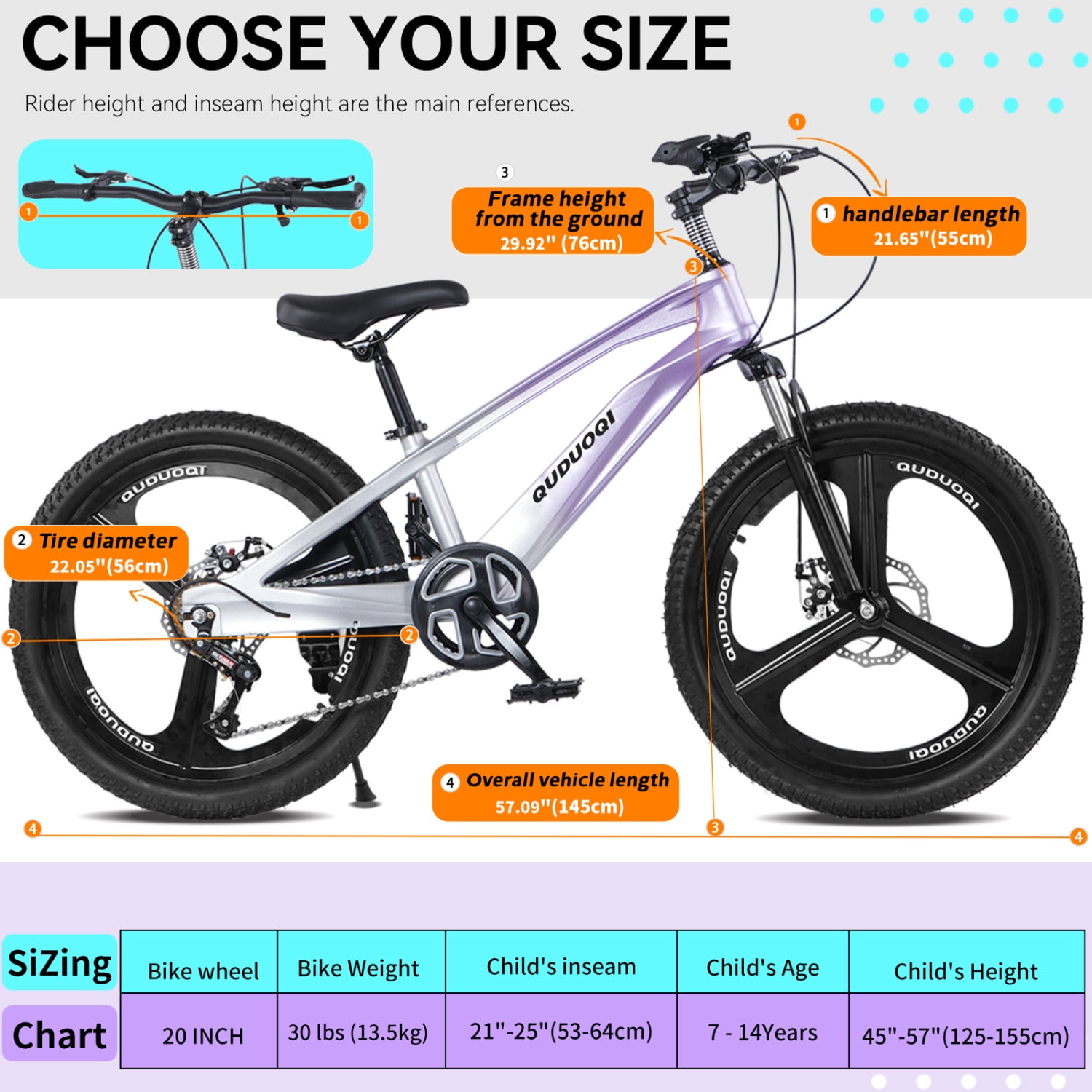 20 Inch Kids Mountain Bike, 7-Speed Kids' Bicycles for Boys and Girls with Dual Disc Brakes, Magnesium Alloy Frame and LED Headlight, Purple