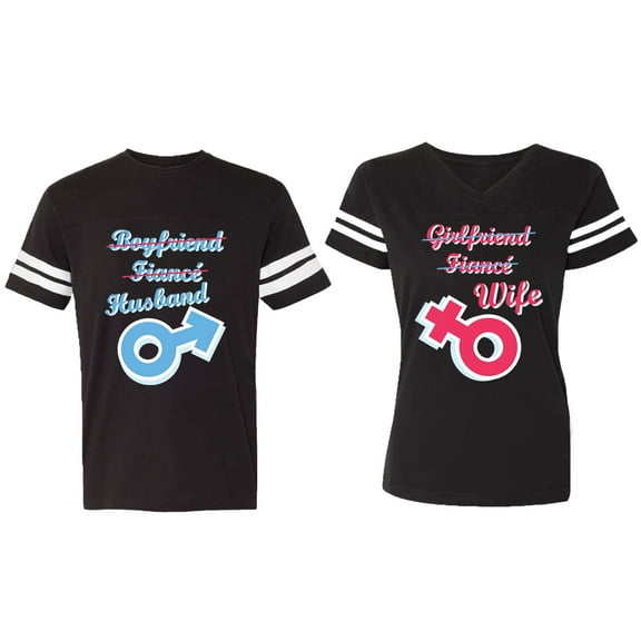 Boyfriend Girlfriend Fiance Husband Wife Matching Couple Cotton Jerseys (Men Black / Women Black) (Men S / Women S)