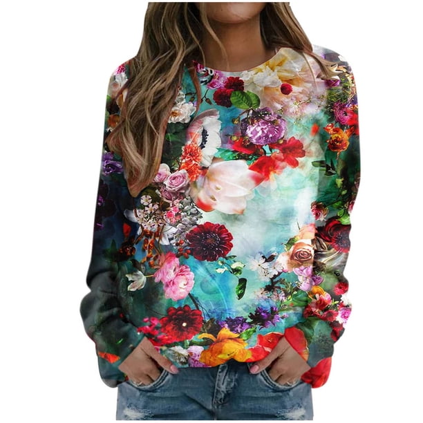 Sudadera Para Mujer Sudaderas Con Cuello Redondo Otoño Moda Casual Estampado de Flores Camiseta de Manga Larga Top Blusa Jersey Odeerbi ODB150539