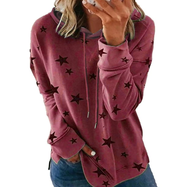 LUXUR Ladies Sweatshirt Stars Print Pullover Drawstring Hoodies