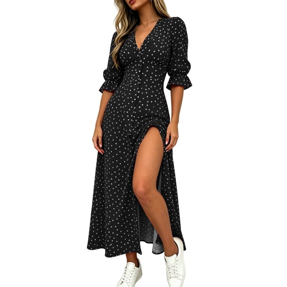 Ayolanni 3/4 Sleeve Dresses for Women Polka Dots Puff Sleeve Knee Length V-Neck Long A-Line Dress Party Flowy High Slit Elegant Wrap Sundress Black L