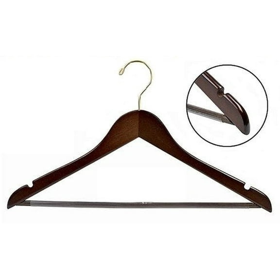 Flat Wooden Suit Hanger w/Non-Slip Bar (Walnut/Brass)