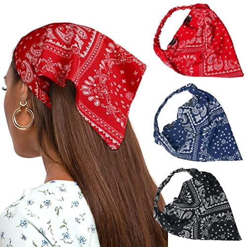 Elastic Hair Scarf Headband 3 PCS Head Scarves with Hair Clips Kerchief Hair Bandanas Headband for Women (Cashew(Black/Navy/Red))