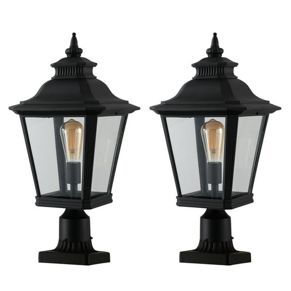 21" Outdoor Post Lantern Light, 2-Pack Vintage Black Metal Garden Pillar Lamp with Clear Glass for Driveway, Gate, Pathway, and Yard Lighting, Elegant Exterior Design (Bulb Not Included)
