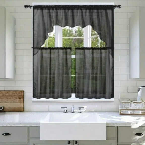 3-Piece Set Rod Pocket Elegant Voile Sheer Kitchen Window Curtain Set - 2 panel 27" x 36" each panel, 1valance 55"x 36"Design (GHL66)