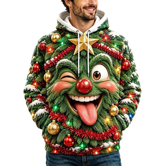 CONZONE Mens Christmas Hoodies Long Sleeve Pullover Hoodie for Men Novelty Xmas Tree Graphic Warm Fall Winter Hooded Sweatshirts with Pocket