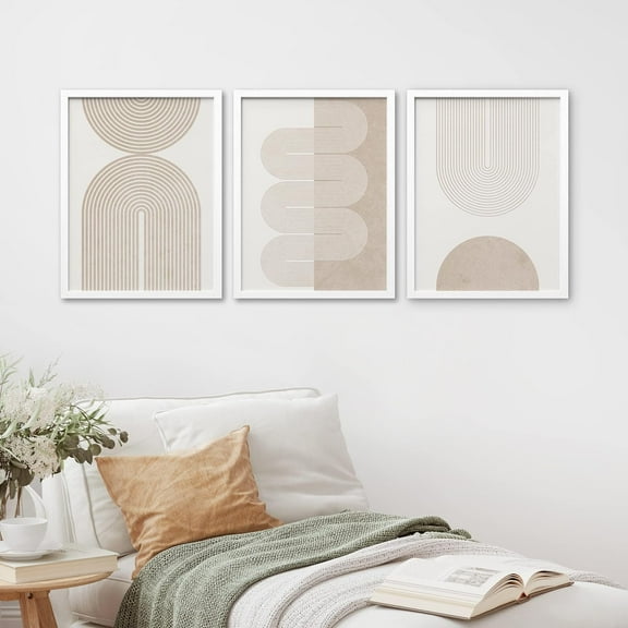 PixonSign Framed Canvas Print Wall Art Set - Geometric Duotone Tan Spiral Waves Shapes Art - Set of 3 Abstract Illustrations Nordic Wall Décor for Living Room, Bedroom - 12"x16"x3 Panels White