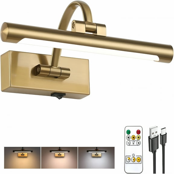 ACDANC Rechargeable Picture Light with Remote Control,12" Brass Finish Adjustable Wireless Art Lighting Fixture,Painting Lights with Timer,3 Color Temperature and Dimmable