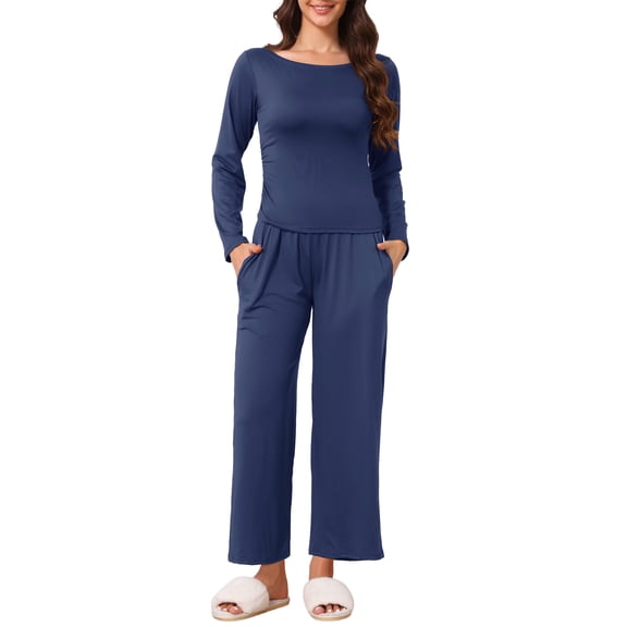 INSPIRE CHIC Women's 2 Piece Lounge Set Long Sleeve U-Neck Top & Wide Leg Pants Pajama Set for Sleeping & Casual Wear XS Navy