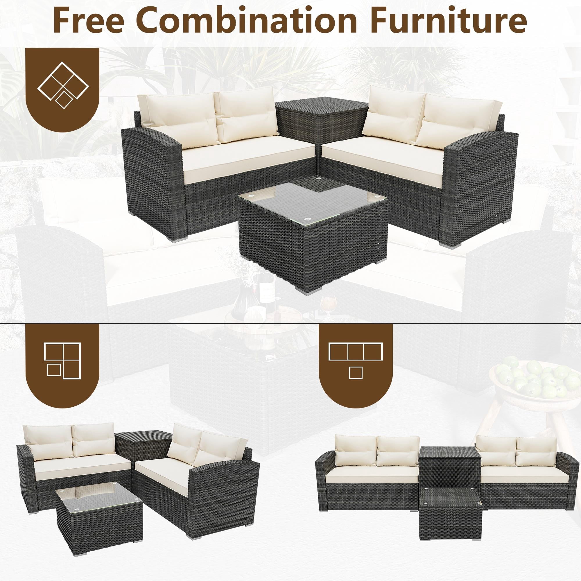 4 Pieces Patio Sofa Furniture Set with Storage Box, Wicker Sectional Sofa Outdoor Furniture Set, Patio Conversation Sets for Backyard Porch Garden Balcony, Beige