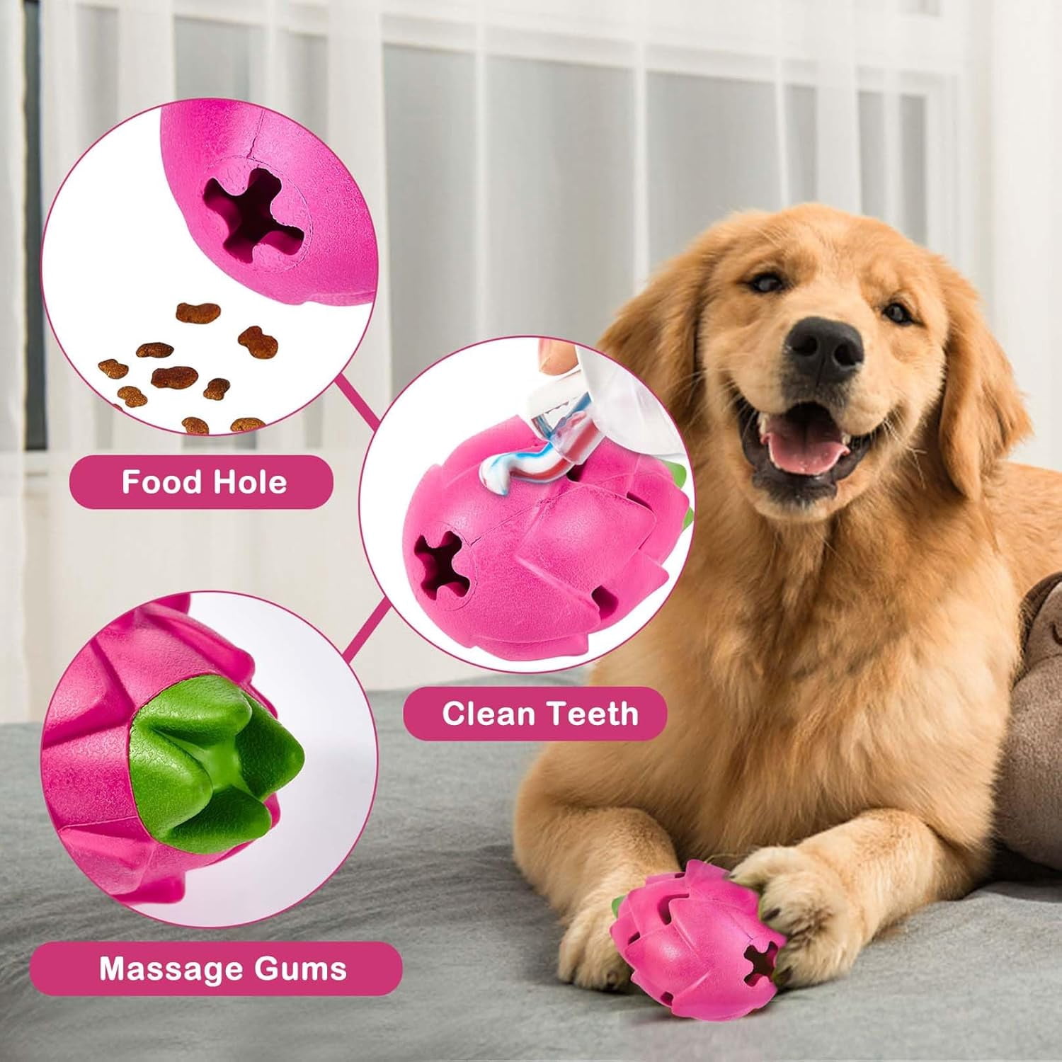 Dog Treat Dispensing Toys, Dispensing Puzzle Toy for Aggressive Chewers, Rubber Treat Dispenser, Interactive Stimulation Dog Food Toys, Pitaya Shape