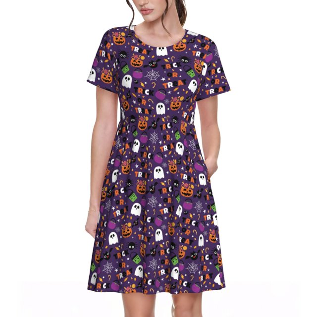 Vsdgher Bonbons Sucrés d'Halloween pour Femmes Été 2025 Robes Midi Maxi Décontractées Légères à Manches Courtes à Col Rond Robe de Plage