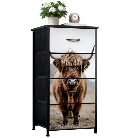Western Dresser for Bedroom with 4 Storage Drawers Vintage Farmhouse Highland Cattle Horse Highland Cow Long Hair Dressers Chest of Drawers Steel Framed Fabric Closet Organizers for Entryway