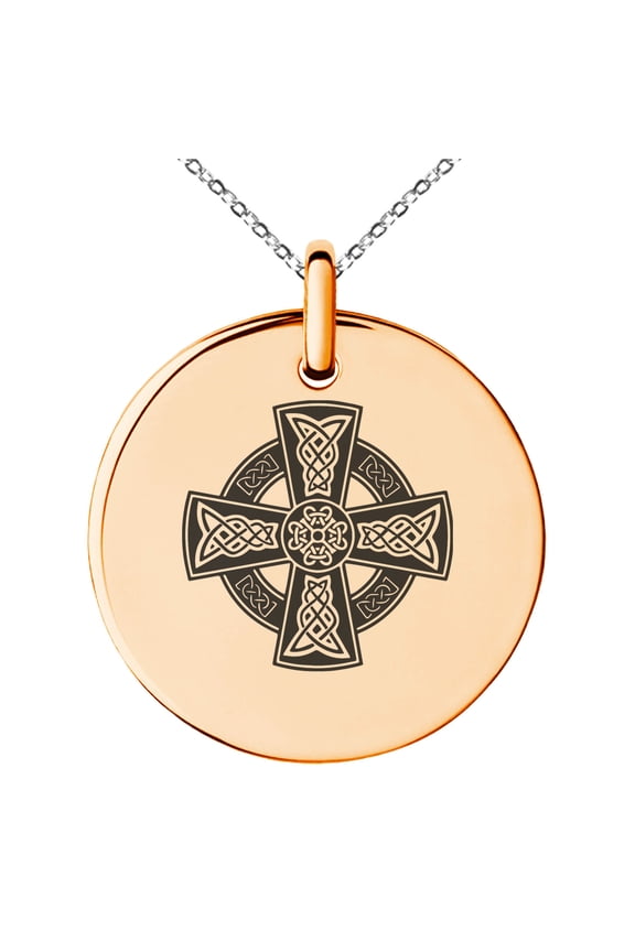 Stainless Steel Celtic Cross Rune Knot Engraved Small Medallion Circle Charm Pendant Necklace
