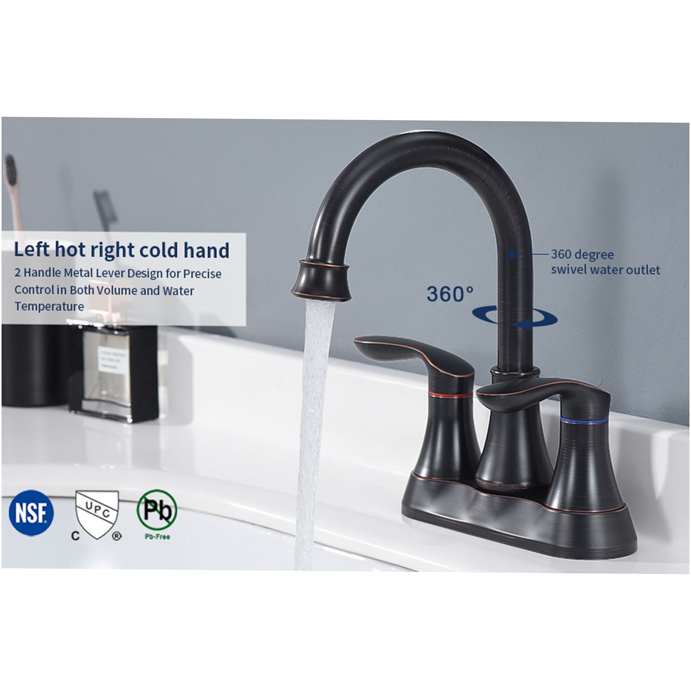 JERFIT Oil Rubbed Bronze Bathroom Faucet, 4 inch Centerset 2-Handle Vanity Sink Faucet with Pop-Up Drain, Lever Handles, and Anti-Splash Nozzle for Bathroom Sink