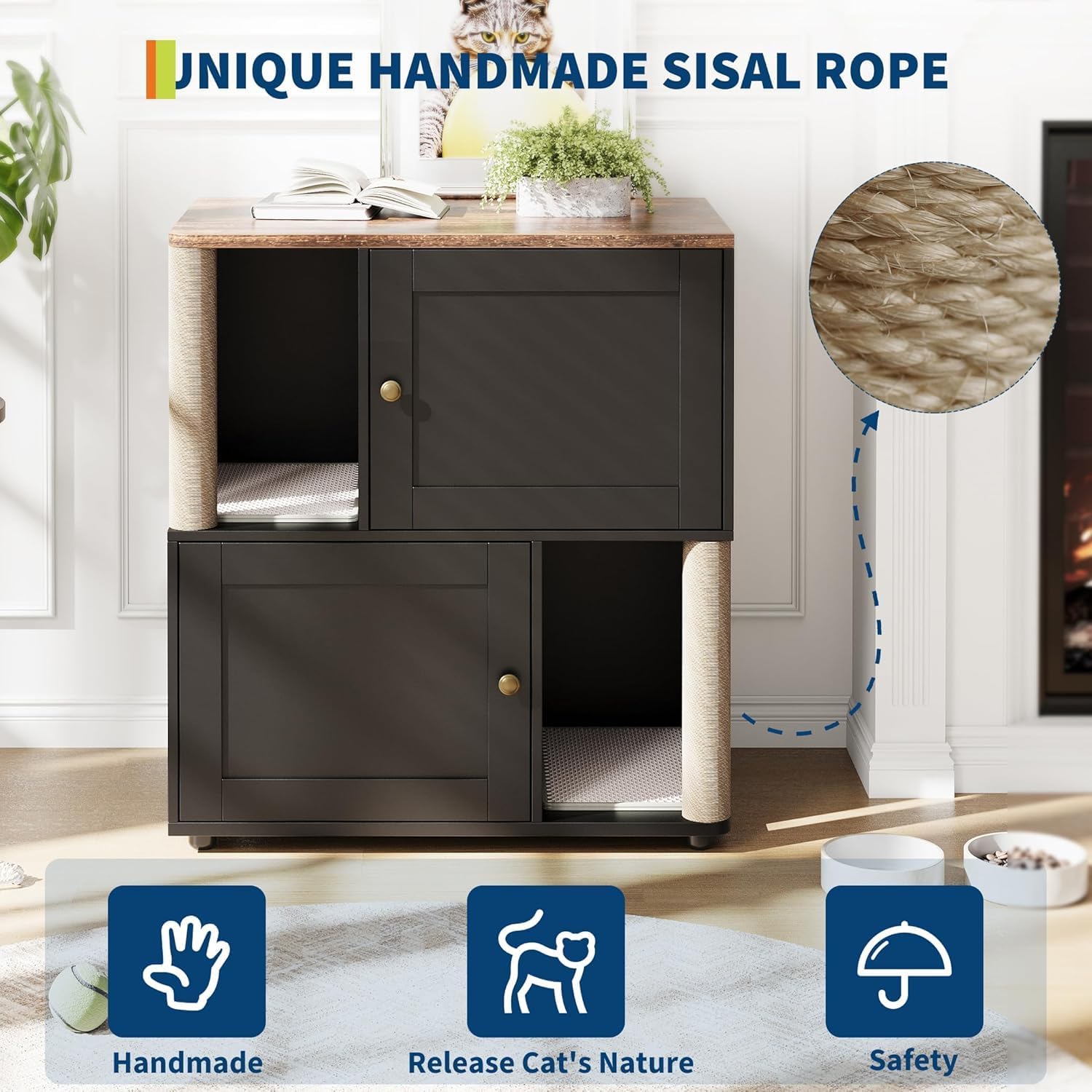 OUTGOODS Double Cat Litter Box Enclosure Furniture, Engineered Wood, Natural Finish