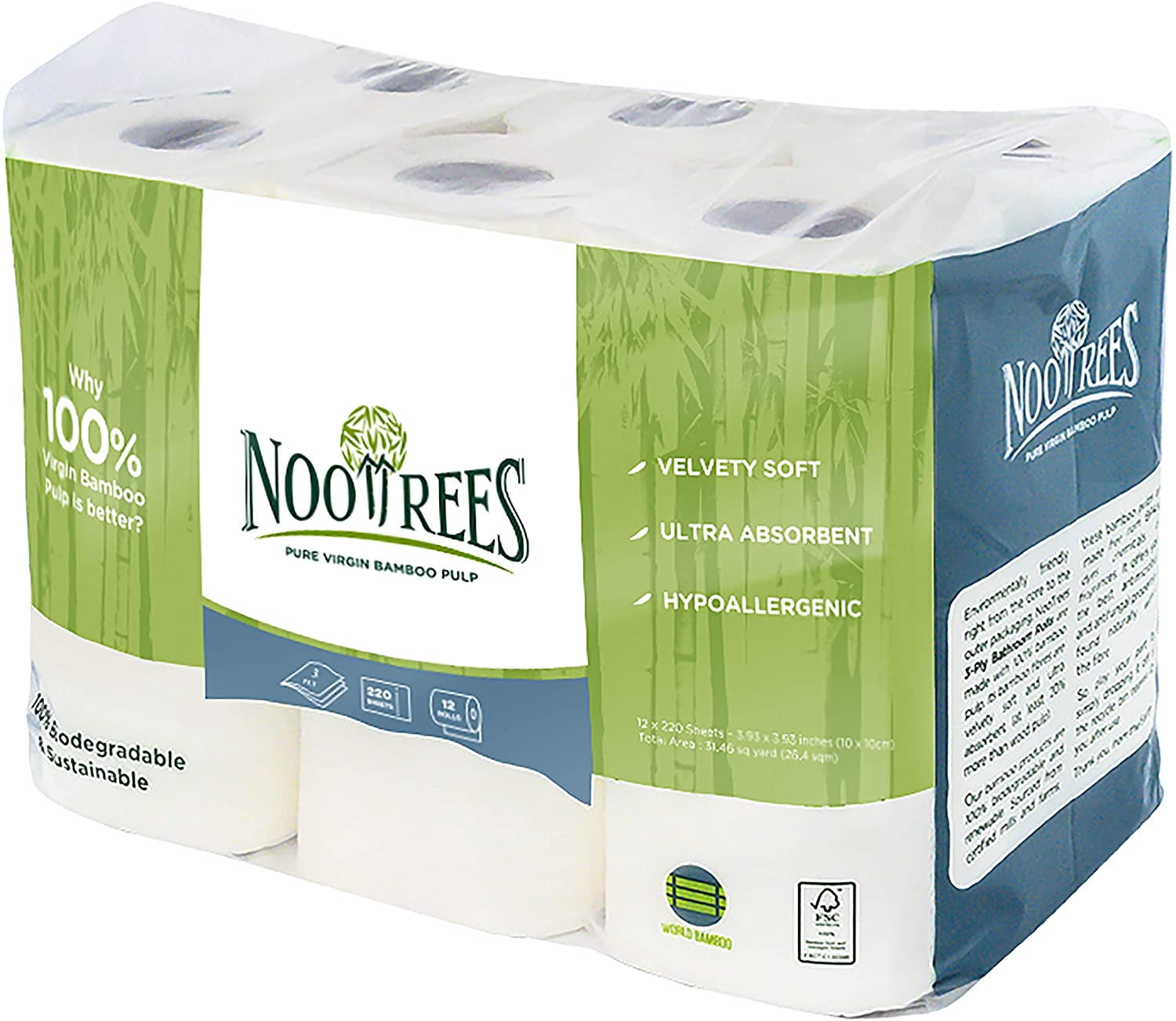 Bamboo , Eco Friendly, Tree-Free, Biodegradable, Septic Safe, Chemical-Free, FSC Certified Bathroom Tissue, 3-ply , 220 Sheets, 12 Rolls, Pack of 1