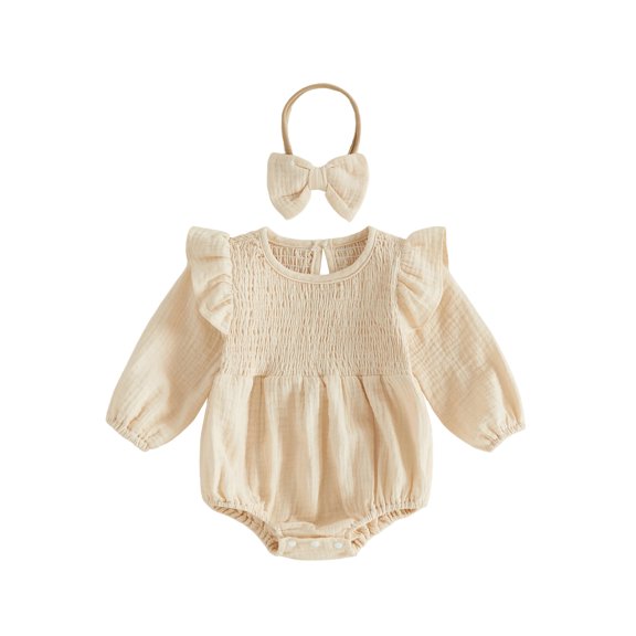 Cjfdfy Newborn Baby Girl Fall Clothes Ruffle Puff Long Sleeve Romper And Bow Headband Set Infant Baby Girl Solid Color Romper Baby Cute Fall Winter Outfit 0-18 Months