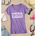 thumbnail image 3 of S4E Women's Distressed Boo Halloween Slim Fit V-Neck T-Shirt Small Heather Purple, 3 of 4