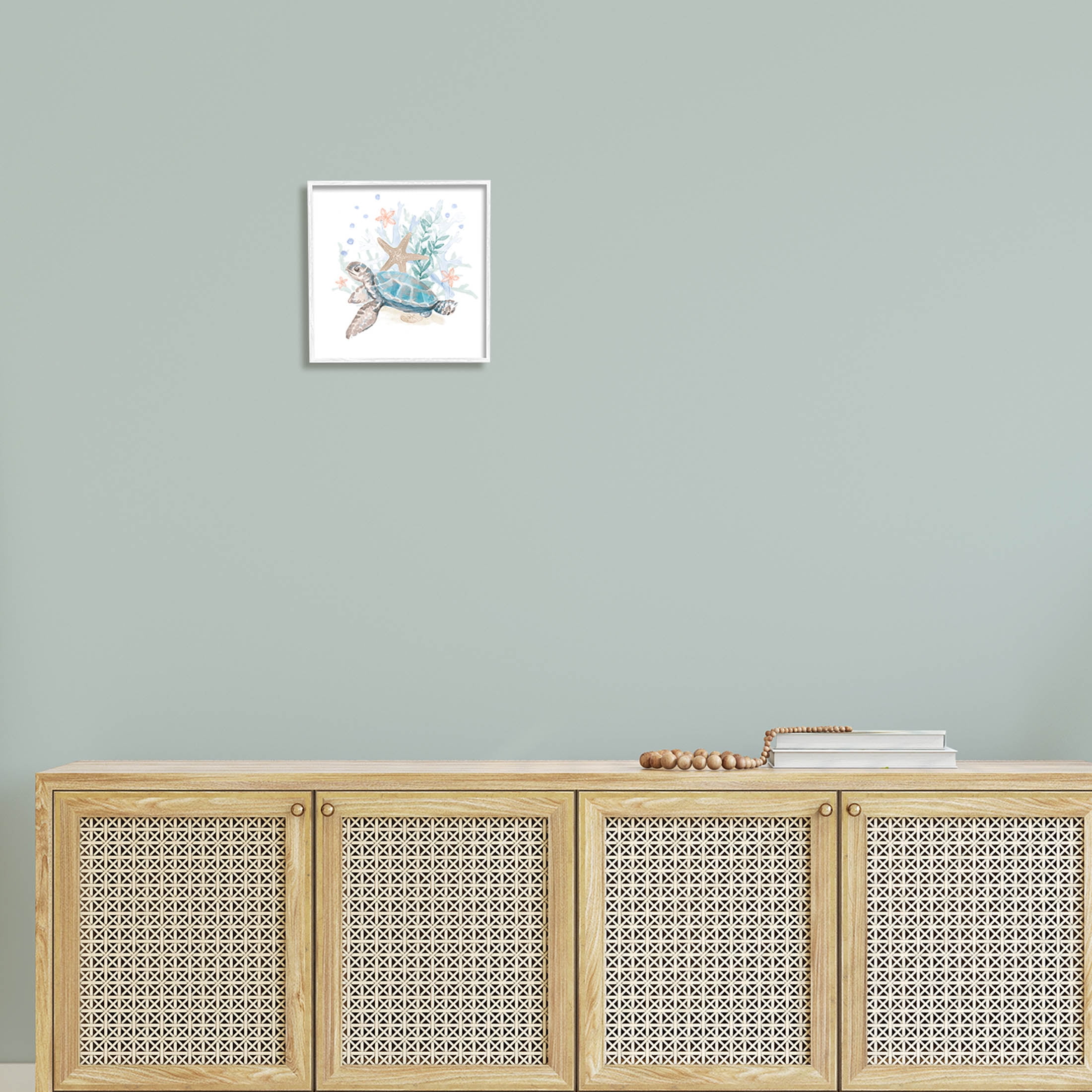 Mixed Sea Life Tortoise Swimming Animals & Insects Graphic Art White Framed Art Print Wall Art
