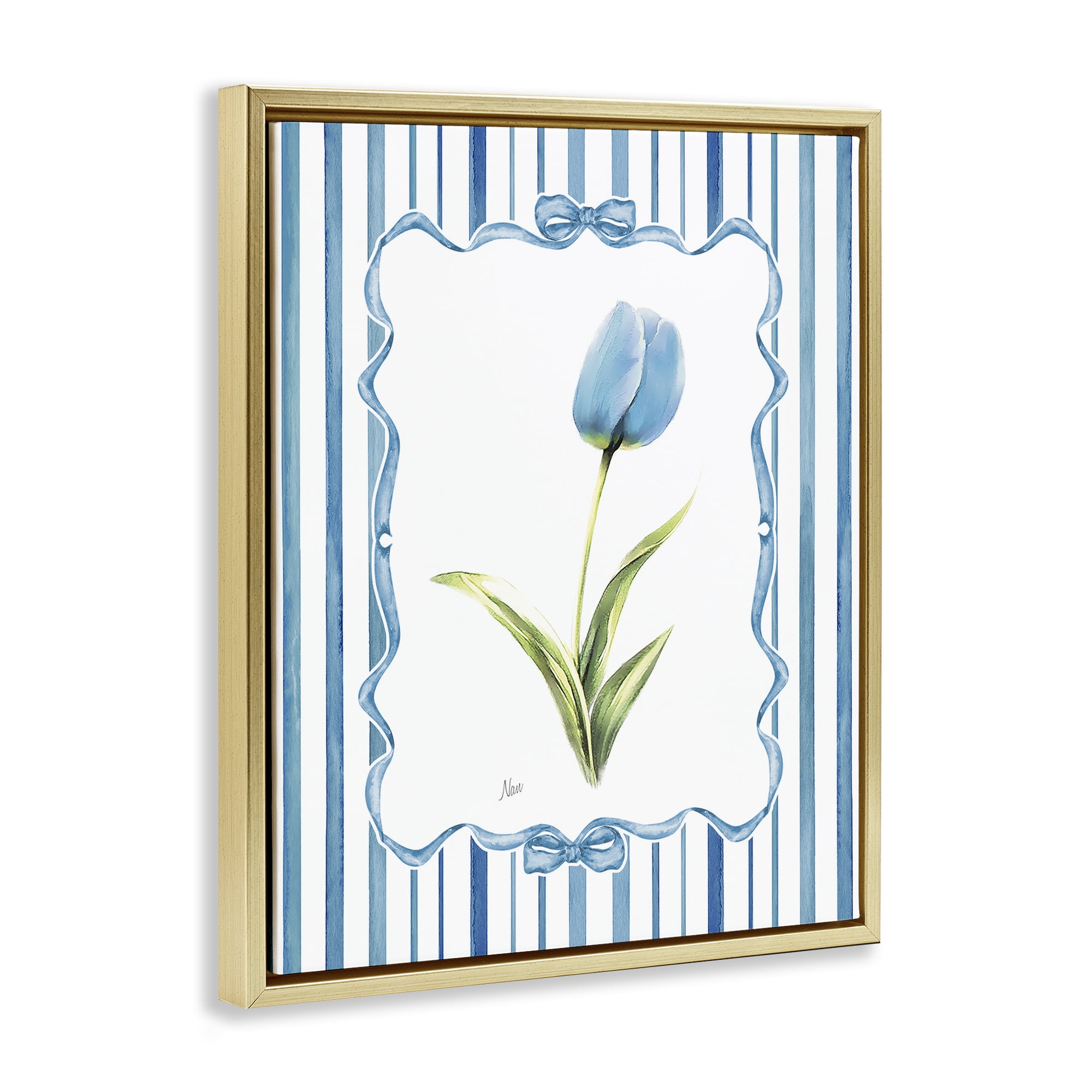 Stupell Industries Blue Tulip & Ribbon Border Gold Framed Floater Canvas Wall Art, design by Nan