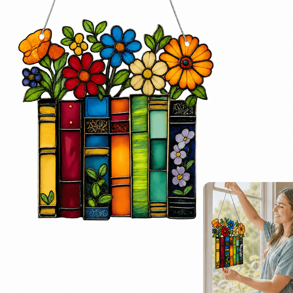 Faux Stained Glass Window Hanging Book Decor, Gifts for Book Lovers, Library Decor, Book Club Gifts, Gifts for Book Lovers Women, Gifts for Readers, Teacher Gifts for Women Reading Ornament for Home