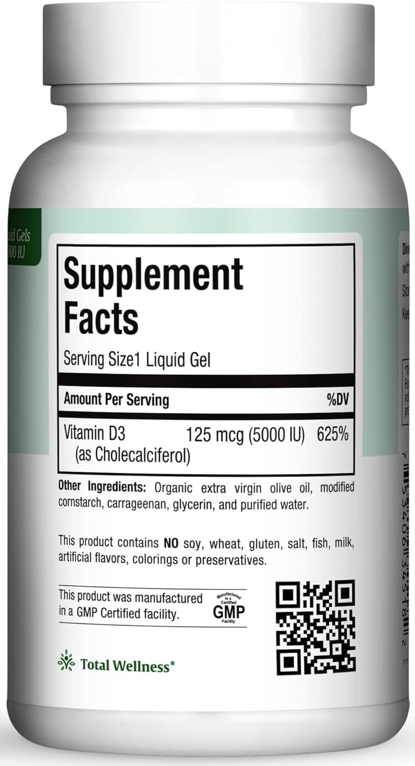 Maxi Health Vitamin D3 5000 IU – 125 mcg Softgels – Immune & Bone Support Supplement – 180 Count