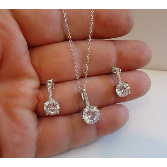 White Diamond Jewelry Set - Pendant Necklace & Earring in 14k White Gold Plated - Drop Push Back Earrings - Christmas or Birthday Gift