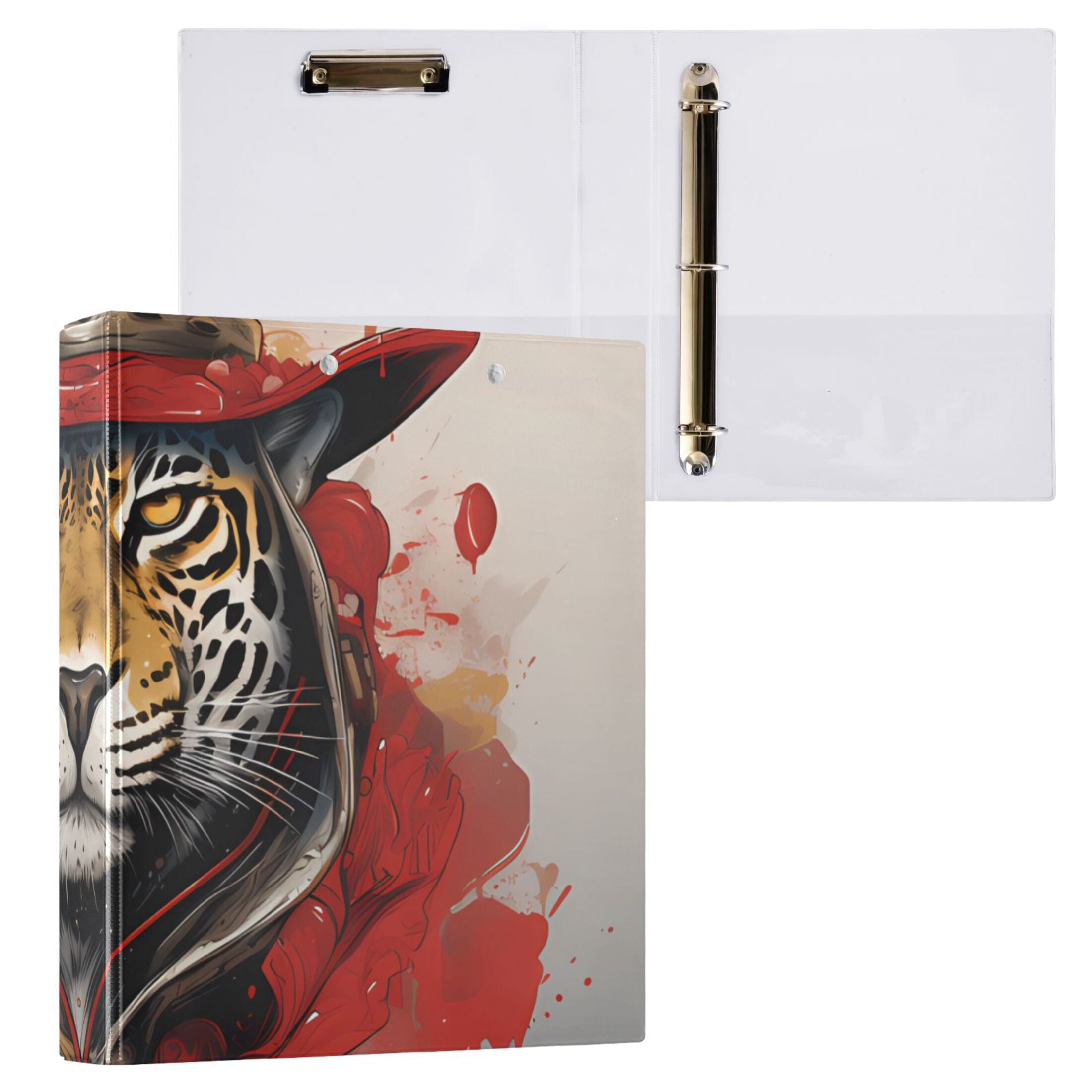 Leopard Cheetah Hat Blood 3 Ring Binders 1.5 inch Hardcover File Folders with Interior Pockets A4 Size Organizer for School Office Hospital