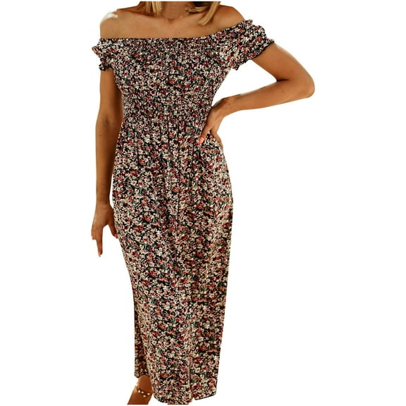 USSUMA Pleated Floral Print Beach Dresses for Women Casual Summer Off Shoulder Short Sleeve Plus Maxi Sundresses Women Flowy Swing Long Boho Vacation Sun Dress Wedding Guest