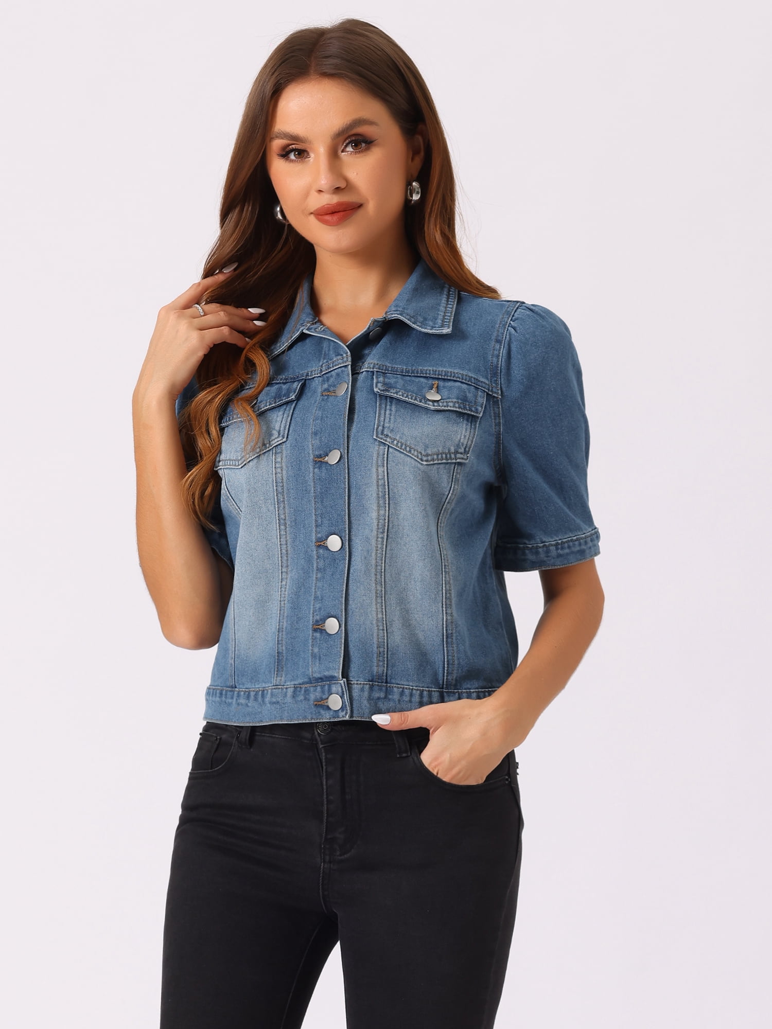 DARING DIVA Women's Short Puff Sleeves Button-Down Denim Jacket L Medium Blue