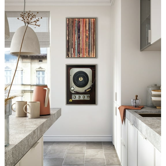 Kate and Laurel Sylvie High Fidelity Framed Canvas Wall Art by Emiko and Mark Franzen of F2Images, 18x24 Gray, Decorative Vinyl Record Art for Wall