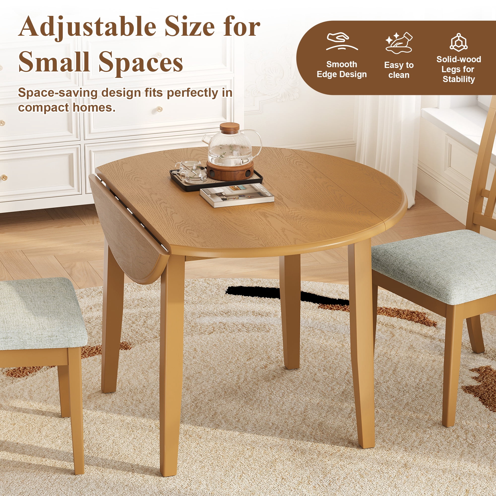 Euroco 5-Piece Round Dining Table Set for 4, Folding Wood Dining Table with 4 Upholstered Chairs, Farmhouse Kitchen Table Set for Small Space,Apartments,Light Brown