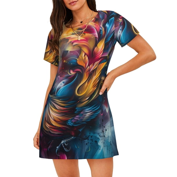 Fotbe Vibrant Rooster Painting Bata de Dormir para Mujer con Estampado, Camisón de Algodón de Manga Corta, Ropa de Dormir Casual