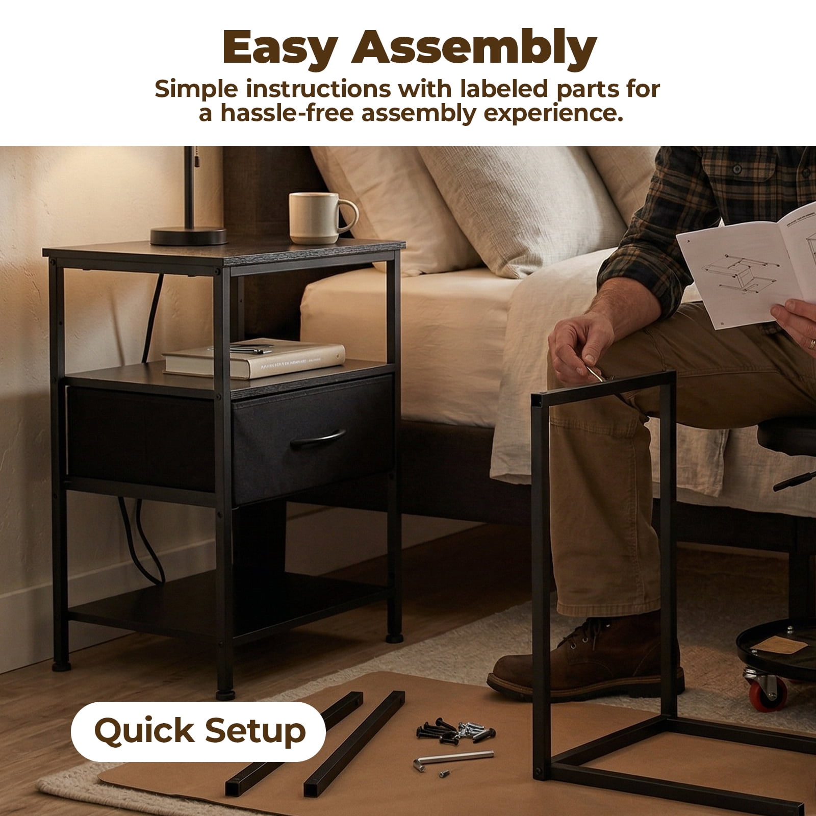 Alvantar Bedside Table Charging Station Nightstand with USB/C Ports, Adjustable Drawers, 3-Tier Storage Shelf